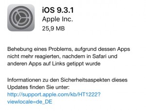 Laut iPad / iPhone ist das Update 9.3.1 lediglich knapp 25 MB groß